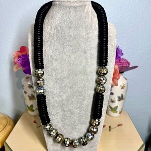Black Coconut Shell Disc Beaded Necklace with mother of Pearl inlay disco beads